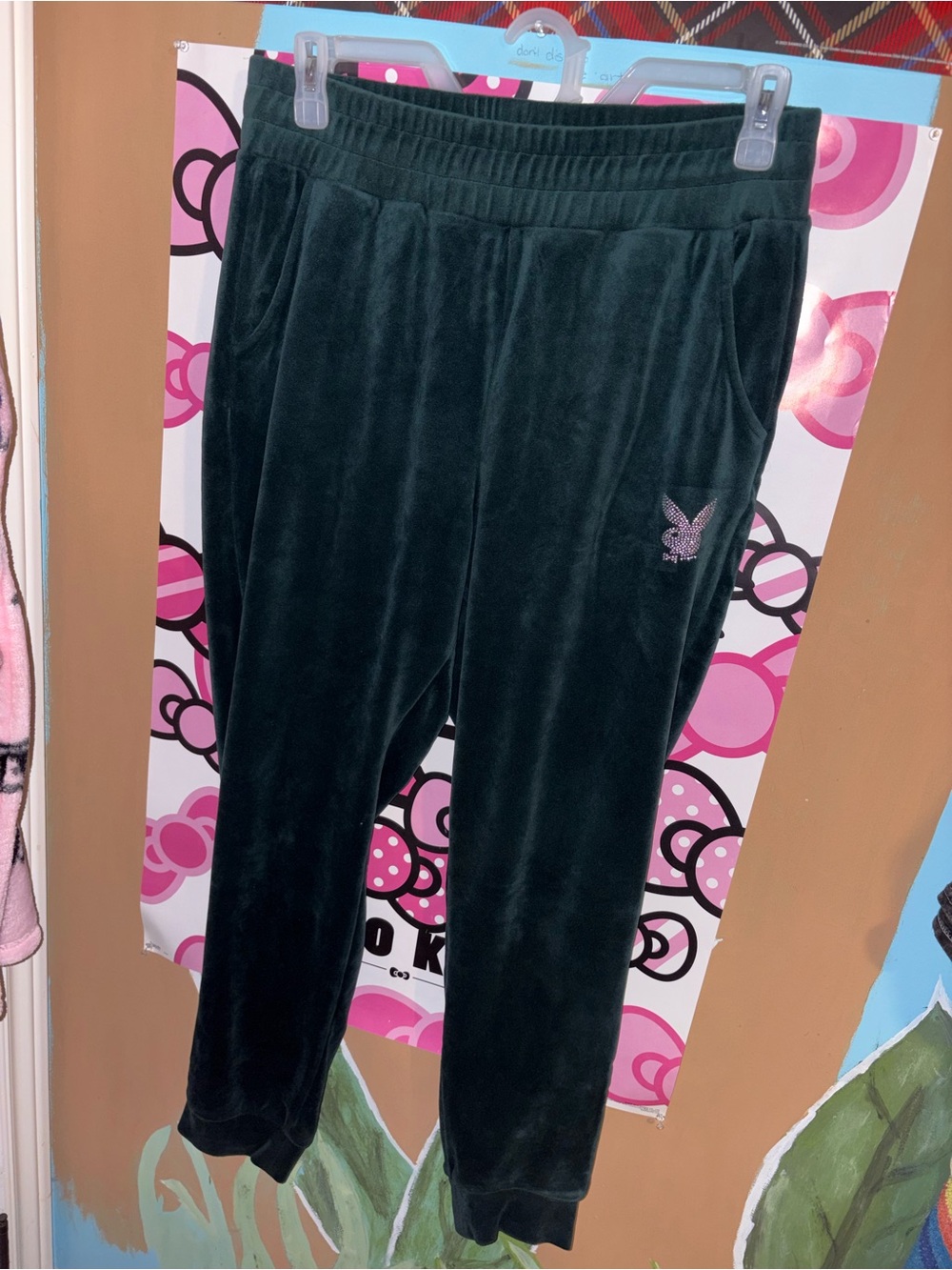 PLAYBOY Dark Green Velvet Jogger Pants with Diamonds